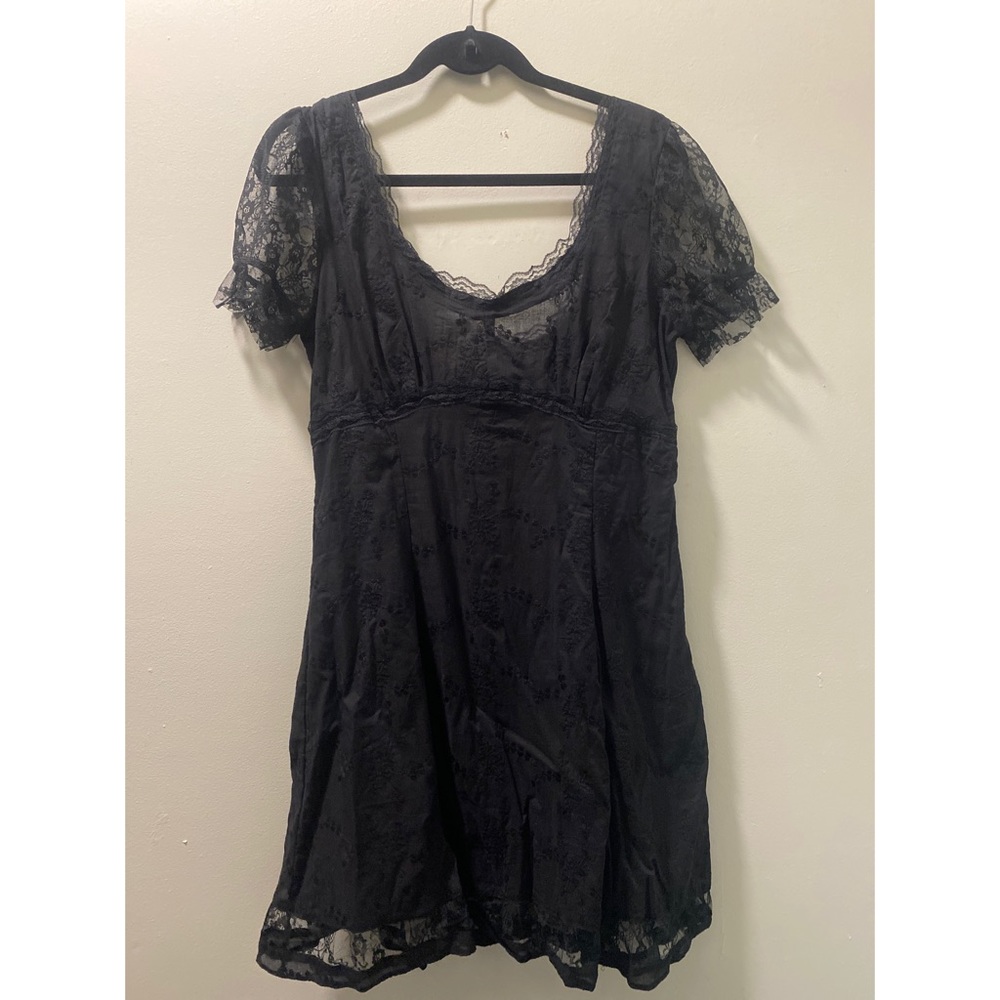 Black Embroidered Lace Sleeve Empire Waist Mini Dress